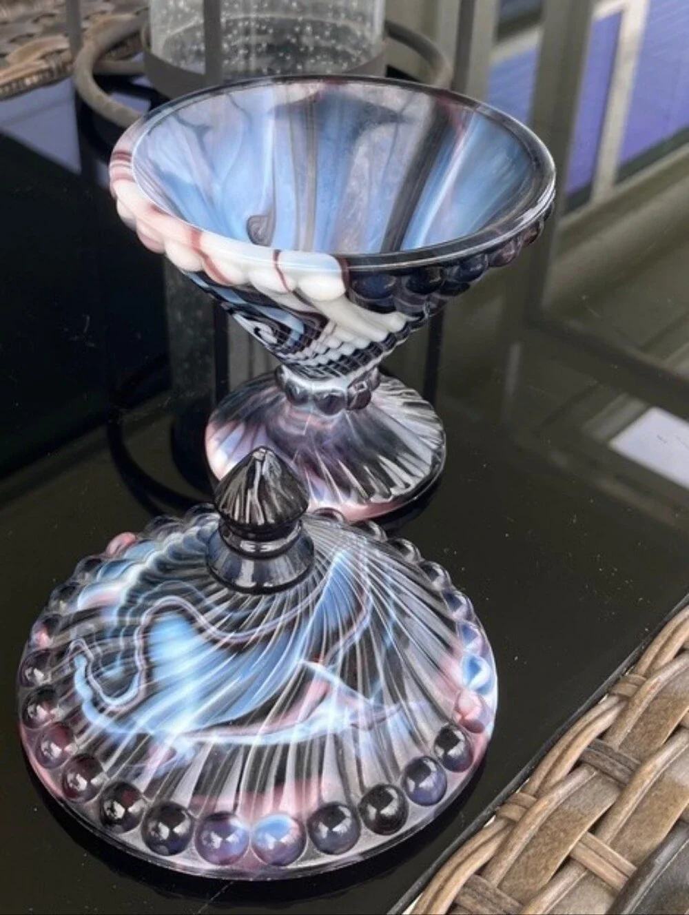 Westmoreland Swirl & Ball Purple & White Slag Glass Covered Candy Dish EUC